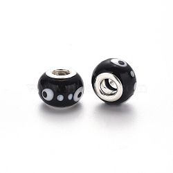 Handmade Lampwork European Beads, Large Hole Rondelle Beads, with Platinum Tone Brass Double Cores, Rondelle, Black, 14~15x9~10mm, Hole: 5mm(LPDL-N001-046-B11)