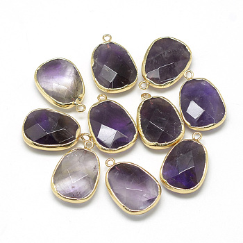Natural Amethyst Pendants, with Iron Findings, Faceted, Trapezoid, Golden, 22~25x13~16x6~7mm, Hole: 1.5~2mm