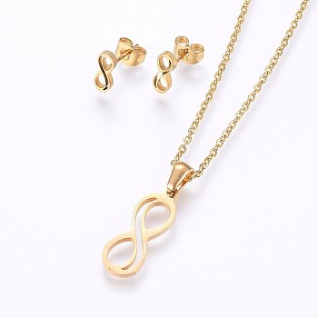 304 Stainless Steel Jewelry Sets, Stud Earrings and Pendant Necklaces, Infinity, Golden, Necklace: 17.7 inch(45cm), Stud Earrings: 9.5x4x1.2mm, Pin: 0.8mm
