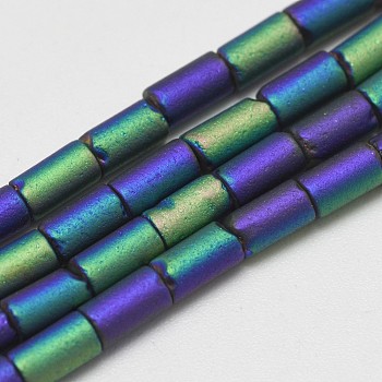 Electroplate Glass Beads Strands, Rainbow Plated, Frosted, Tube, Indigo, 4~5x2~3mm, Hole: 0.5mm, about 100pcs/strand, 19.68 inch
