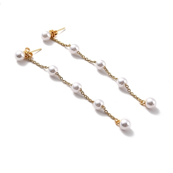 Round Plastic Pearl Beaded Long Chain Dangle Stud Earrings, 304 Stainless Steel Drop Earrings for Women, Golden, 88x6mm, Pin: 0.7mm
