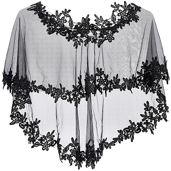 Detachable Polyester Bridal Lace Shawls, Bolero Shrug Shawl, Wedding Floral Lace Cape, Black, 470x970x1mm