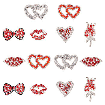 14Pcs 7 Style Valentine's Day Theme Hotfix Rhinestone, Costume Accessories, Sewing Craft Decoration, Bowknot/Lip/Rose/Heart, Mixed Shapes, 29~74x34~69x1.5~2.4mm, 2pcs/style