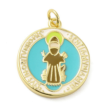 Rack Plating Brass Enamel Pendants, with Jump Ring, Long-Lasting Plated, Cadmium Free & Lead Free, Real 18K Gold Plated, Flat Round with Saint Charm, Dark Turquoise, 24x19.5x2.5mm, Hole: 3mm