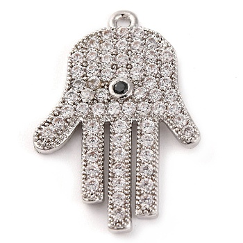 Rack Plating Brass Micro Pave Cubic Zirconia Pendants, Cadmium Free & Lead Free, Long-Lasting Plated, Hamsa Hand, Platinum, 26x17.5x2.5mm, Hole: 1.2mm