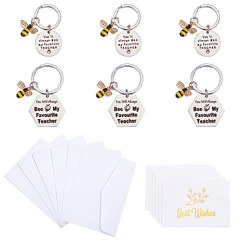 6Pcs 2 Style Teachers' Day Phrase Bees Pendant Keychains, with 6Pcs Paper Greeting Card and 6Pcs Colored Blank Mini Paper Envelopes, Stainless Steel Color, 5cm