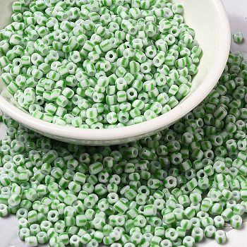 6/0 Opaque Colours Seep Glass Seed Beads, Round Hole, Round with Stripe Pattern, Lime Green, 3~4.5x3~4.5mm, Hole: 1.2~1.5mm