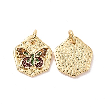 Rack Plating Brass Charms, with Enamel and Jump Ring, Cadmium Free & Lead Free, Long-Lasting Plated, Hexagon with Butterfly Pattern, Real 18K Gold Plated, 14.5x13x2mm, Jump Ring: 5x1mm, Inner Diameter: 3mm