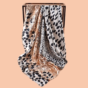 Large Square Polyester Satin Head Scarf, Leopard Print Printed Hair Bandanas for Women, Sandy Brown, 900x900mm