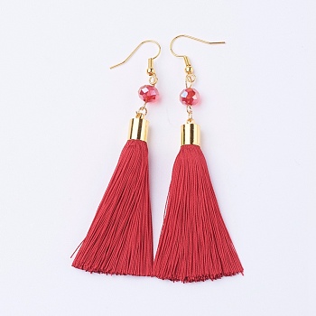 Ice Silk Thread Tassel Dangle Earrings, with Glass Beads and Brass Earring Hooks, Golden, Red, 93mm, Pin: 0.6mm, Pendant: 75x8mm