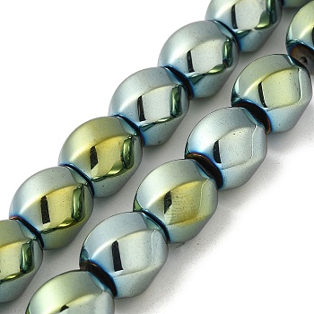 Electroplated Non-Magnetic Synthetic Hematite Beads Strands, Long-Lasting Plated, Twist Oval, Green Plated, 12~12.5x11.5~12mm, Hole: 1mm, about 33pcs/strand, 16.14''(41cm)