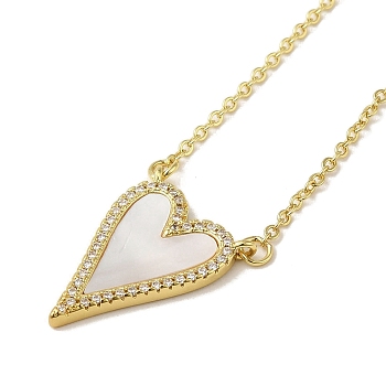 Brass Micro Pave Clear Cubic Zirconia Pendant Necklaces, with Shell, Cable Chain Necklaces, Real 18K Gold Plated, Heart, 16.93 inch(430mm)
