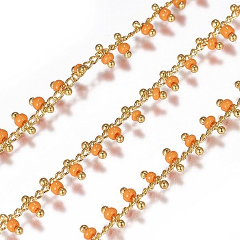 3.28 Feet Handmade Seed Beaded Chains, Soldered, with Real 18K Gold Plated Brass Findings, Dark Orange, 1.8~2.5mm