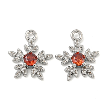 Flower Brass Micro Pave Cubic Zirconia Pendants, Red, Real Platinum Plated, 11.5x10x2.5mm, Hole: 1.2mm