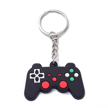 PVC Game Controller Keychain, with Platinum Iron Ring Findings, Black, 8.05cm