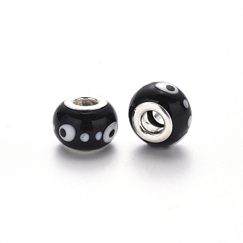 Handmade Lampwork European Beads, Large Hole Rondelle Beads, with Platinum Tone Brass Double Cores, Rondelle, Black, 14~15x9~10mm, Hole: 5mm