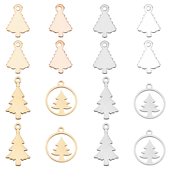 PandaHall Elite 16Pcs 8 Style 304 Stainless Steel Charms,  Hollow Pendants, Christmas Trees, Mixed Color, 14~18x9~13x0.6~1mm, Hole: 1.4~1.5mm, 2pcs/style