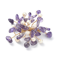 Natural Amethyst Chips & Pearl Beaded Flower Brooch Pin, Golden 304 Stainless Steel Wire Wrap Lapel Pin for Women, 45~55x55~60x10mm(JEWB-BR00098-01)