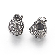 316 Surgical Stainless Steel European Beads, Large Hole Beads, Lion, Antique Silver, 13x9x11mm, Hole: 4.5mm(STAS-F195-137AS)