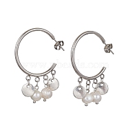 304 Stainless Steel Half Hoop Earrings, Natural Pearl Dangle Stud Earrings, Flat Round, 46x7.5mm(EJEW-JE05590-02)