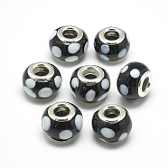 Handmade Lampwork European Beads, with Platinum Brass Double Cores, Large Hole Beads, Rondelle with Spot, Black, 14x10mm, Hole: 5mm(LAMP-Q029-07)