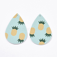 PU Leather Big Pendants, Double-Sided Fruit Pattern, teardrop, with Pineapple Pattern, Dark Turquoise, 56x37x2mm, Hole: 1.6mm(X-FIND-R072-10-A02)