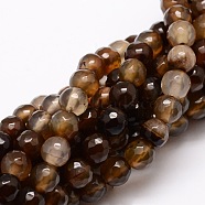 Faceted Natural Agate Round Beads Strands, Dyed, Saddle Brown, 6mm, Hole: 1mm, about 64pcs/strand, 14.7 inch(G-E319B-6mm-08)