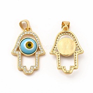 Rack Plating Brass Micro Pave Clear Cubic Zirconia Pendants, with Handmade Evil Eye Lampwork, Cadmium Free & Lead Free, Long-Lasting Real 18K Gold Plated, Hamsa Hand Charm, Light Sky Blue, 25.5x17x4mm, Hole: 5.5x3.5mm(LAMP-A153-06G-02)