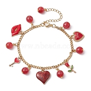 Valentine's Day Alloy Enamel & Resin Charm Bracelet, Heart & Rose & Lip Bracelets with 304 Stainless Steel Chains, Red, 7-3/8 inch(18.7cm), Chain Extender: 60mm(BJEW-JB09565-01)