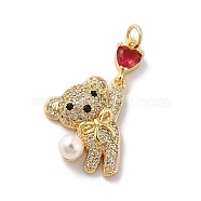 Rack Plating Brass Micro Pave Cubic Zirconia Pendants, with Pearl, Cadmium Free & Lead Free, Long-Lasting Plated, Real 18K Gold Plated, Bear, Red, 21x14.5x6mm, Hole: 3.2mm(X-KK-A160-14G)