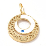 Brass Pendants, with Enamel, Real 18K Gold Plated, Long-Lasting Plated, Round Ring with Evil Eye Charm, White, 36.5x32.5x3.5mm, Hole: 11x7.5mm(KK-E076-05G-04)