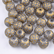 Electroplate Glass Beads, Plaid Beads, Frosted, Round with Tartan Pattern, Gold, 8~8.5mm, Hole: 1.5mm(EGLA-S178-04F)