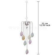 Glass Leaf Pendant Decoration, Hanging Suncatchers, with Metal Findings, for Garden Window Wedding Home Decoration, Colorful, 330mm(PW-WG37022-06)