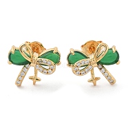 Brass Micro Pave Clear Cubic Zirconia Stud Earrings, with Green Glass, Real 18K Gold Plated, Bowknot, 11x13mm(EJEW-G415-02B-G)