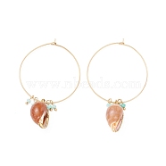 304 Stainless Steel Hoop Earrings, with Glass Beads and Conch, for Women, Golden, 64x40mm, Pin: 0.8mm(EJEW-M208-04G)