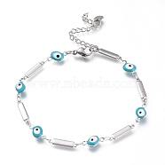 304 Stainless Steel Link Bracelets, with Enamel and Lobster Claw Clasps, Evil Eye & Rectangle, Light Sky Blue, Stainless Steel Color, 7-7/8 inch(20cm)(BJEW-M203-01P)
