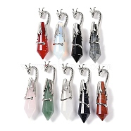 Natural & Synthetic Mixed Gemstone Faceted Pointed Bullet Big Pendants, Rack Plating Brass Dragon Charms, Lead Free & Cadmium Free, Platinum, Mixed Dyed and Undyed, 73.5~78.5x15.5~16.5x15.5~16.5mm, Hole: 4x2.5mm(G-L524-19P)