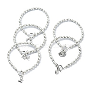 Tibetan Style Alloy Charm Bracelet, with Glass Pearl Round Beaded Chains, Mixed Shape, White, 9-5/8 inch(24.3cm)(BJEW-JB09784-02)