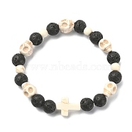 Dyed Natural & Synthetic Mixed Gemstone Skull & Cross Beaded Stretch Bracelets, Beige, Inner Diameter: 2-1/4 inch(5.8cm)(BJEW-TA00272-01)