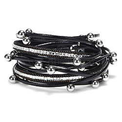 PU Leather Multi-strand Bracelets, with Alloy Magnetic Clasp and Rhinestone, Round, Platinum, Black, 15-3/8 inch(39cm)(BJEW-L616-15C)