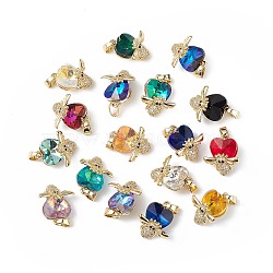 Real 18K Gold Plated Rack Plating Brass Micro Pave Clear Cubic Zirconia Pendants, with Glass, Long-Lasting Plated, Cadmium Free & Lead Free, Bee with Heart Charm, Mixed Color, 19x16x10mm, Hole: 3.5x5mm(KK-C015-32G)