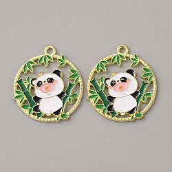 Alloy Enamel Pendants, Panda Bamboo Charm, Light Gold, Green, 28x25x1.5mm, Hole: 1.8mm(FIND-TAC0010-72C)