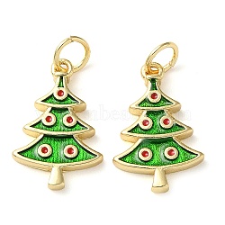 Christmas Rack Plating Brass Pendants, with Jump Ring and Enamel, Long-Lasting Real 18K Gold Plated, Cadmium Free & Lead Free, Christmas Trees Charm, Lime Green, 17x11x2.5mm, Hole: 3.4mm(KK-F857-04G)