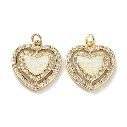 Brass Micro Pave Clear Cubic Zirconia Pendants, with Synthetic Opal and Jump Rings, Real 18K Gold Plated, Heart Charms, White, 20x18.5x3.5mm, Hole: 3mm(KK-L213-014G)