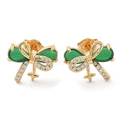 Brass Micro Pave Clear Cubic Zirconia Stud Earrings, with Green Glass, Real 18K Gold Plated, Bowknot, 11x13mm(EJEW-G415-02B-G)