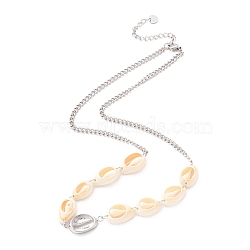 304 Stainless Steel Necklaces, with Link Chain and Shell Link, for Women, Platinum, 41.7cm(NJEW-M189-03P)