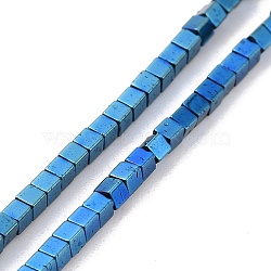 Electroplated Non-magnetic Synthetic Hematite Beads Strands, Cube, Blue Plated, 1.5x1.5x1.5mm, Hole: 0.5mm, about 257~260pcs/strand, 15.59~15.75(39.6~40cm)(G-G862-03B)