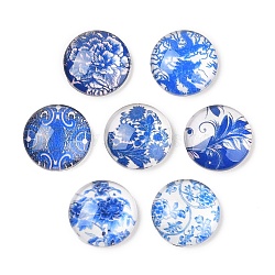 Blue and White Floral Printed Glass Cabochons, Half Round/Dome, Steel Blue, 14x5mm(X-GGLA-A002-14mm-XX)