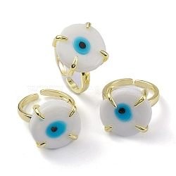Lampwork Evil Eye Open Cuff Ring, Light Gold Brass Lucky Jewelry for Women, Lead Free & Cadmium Free, White, US Size 6 1/4(16.7mm)(RJEW-M147-01LG-05)