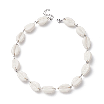 Acrylic Shell Bead Link Necklaces for Women, with 304 Stainless Steel Lobster Claw Clasp, White, 15-1/2 inch(39.4cm)